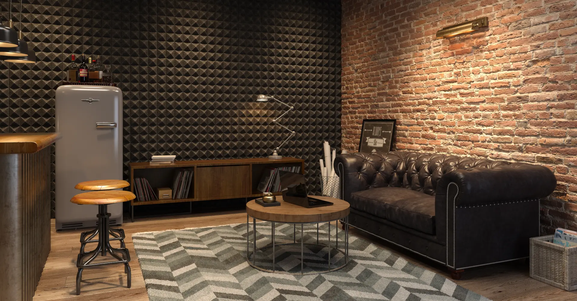 basement-remodeling Industrial-style basement lounge with leather sofa, round coffee table, vintage fridge, bar stools, and exposed brick and acoustic foam walls.