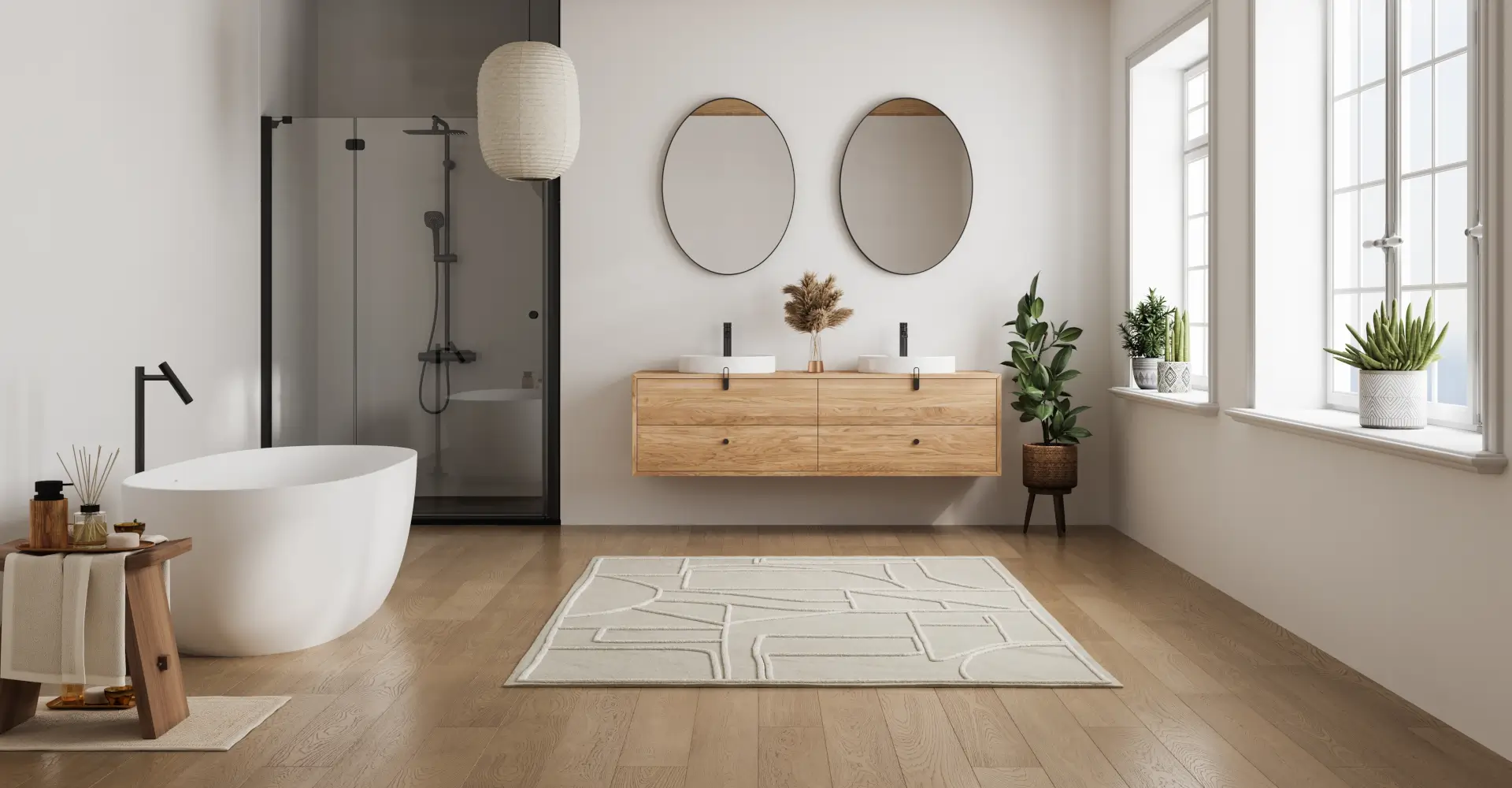 bathroom-remodeling Modern minimalist bathroom interior, modern bathroom cabinet, white sink, wooden vanity, interior plants, bathroom accessories, bathtub and shower, white and beige walls, concrete floor.