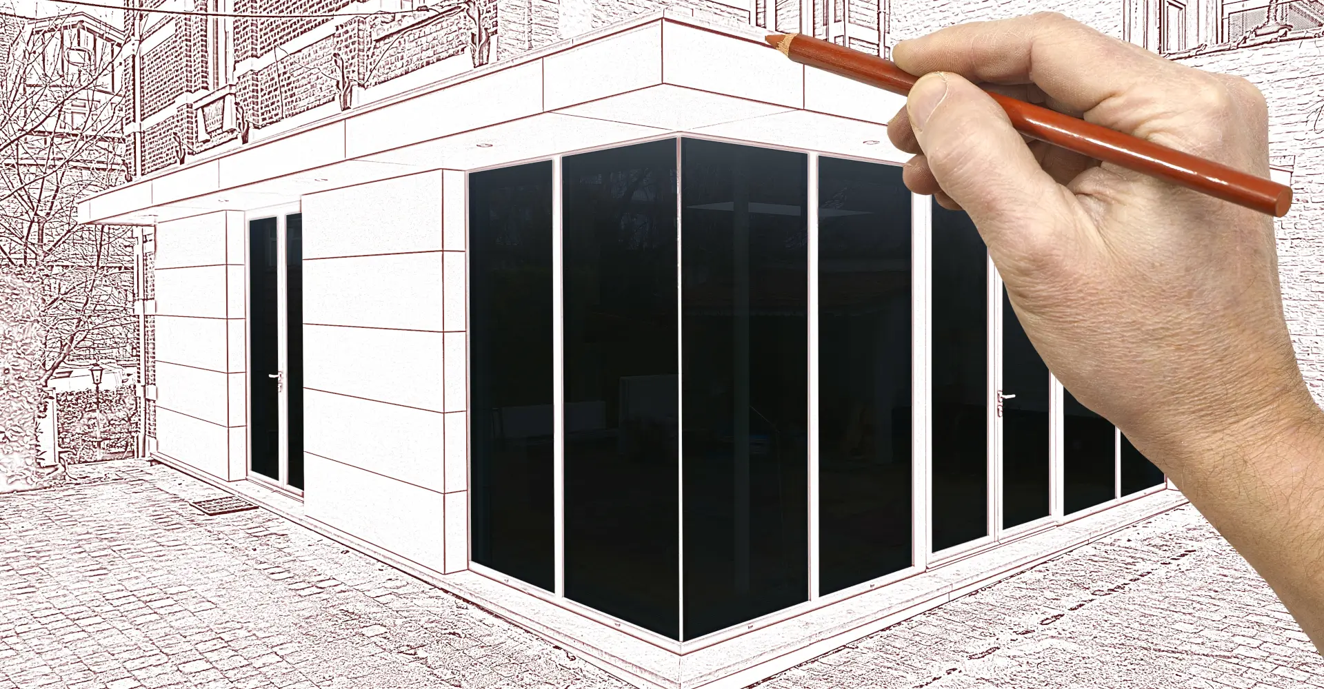 home-extension Drawing and planned a New modern extension of a house with big glasses windows